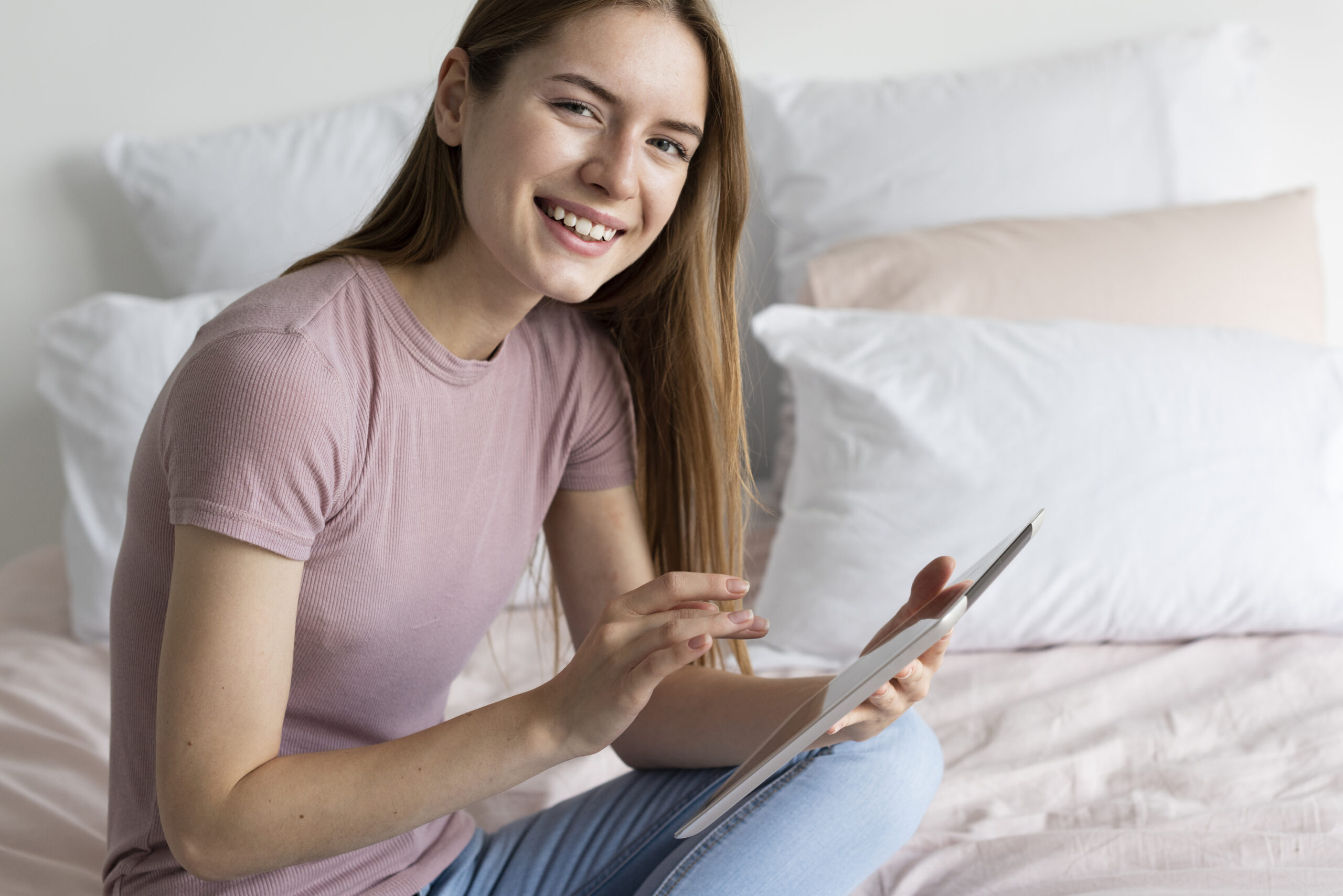 Mujer sosteniendo una tablet, imagen de portada del blog de psicología online